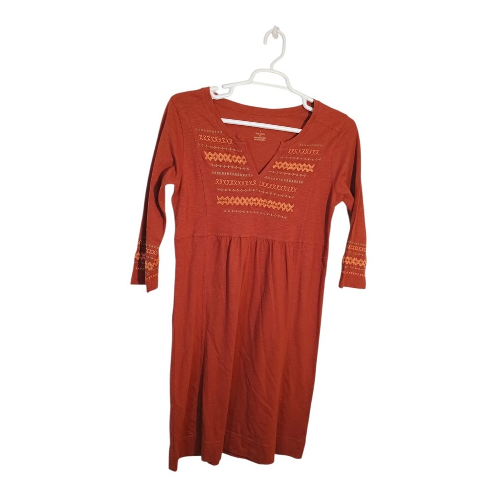 Natural Reflections Womens L Rust All Cotton Embroidered 3/4 Sleeve Jersey Dress